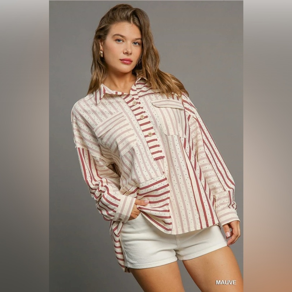 Umgee  Striped Laser Cut Henley Oversized Slouchy Long‎ Sleeve Top Size Large
